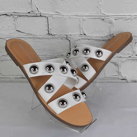 MARC FISHER 'BRYTE' DOMÈ STUDD CRISS~CROSS FLAT SLIP ON SLIDE SANDALS WHITE 7 - Picture 6 of 16
